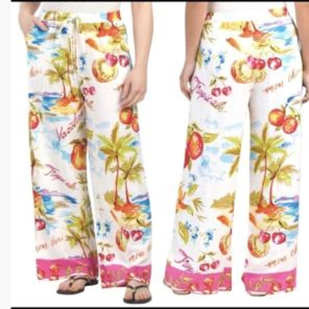 Anthropologie Label of Love Tropical Print Wide-Leg Linen Pants